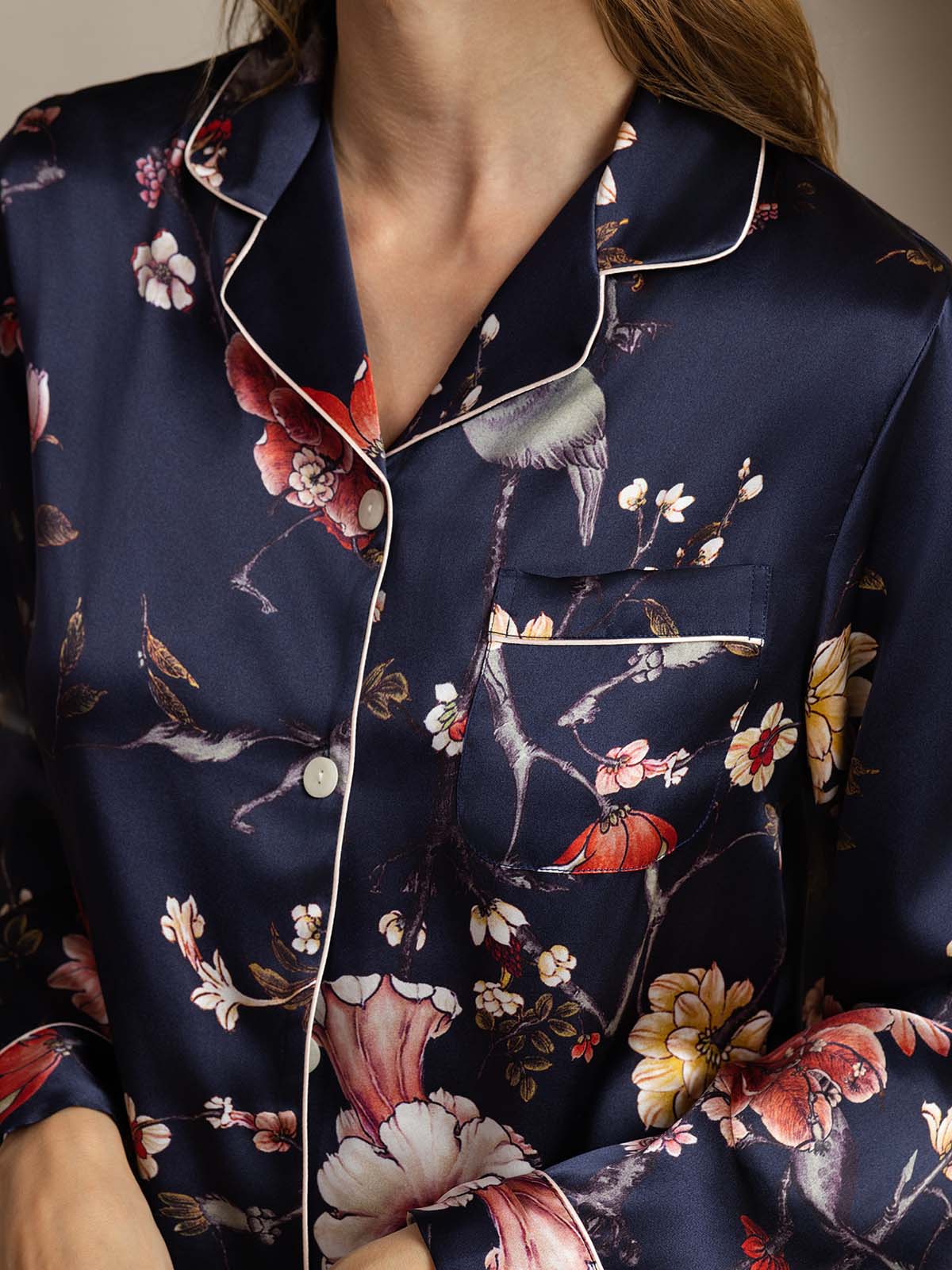 [Navy Floral] SilkSilky-CA Pure Silk Womens Pajamas 005