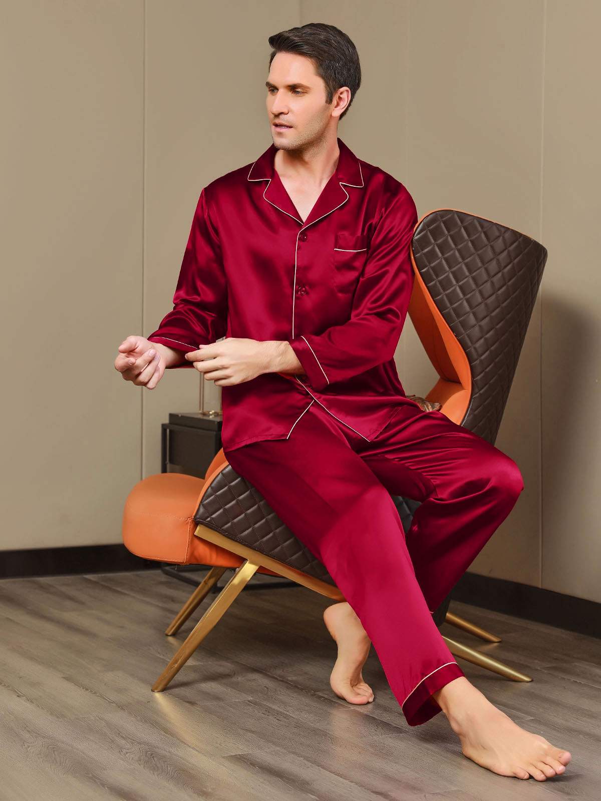 SilkSilky-CA Pure Silk Long Sleeve Lapel Men's Pajamas Wine 004