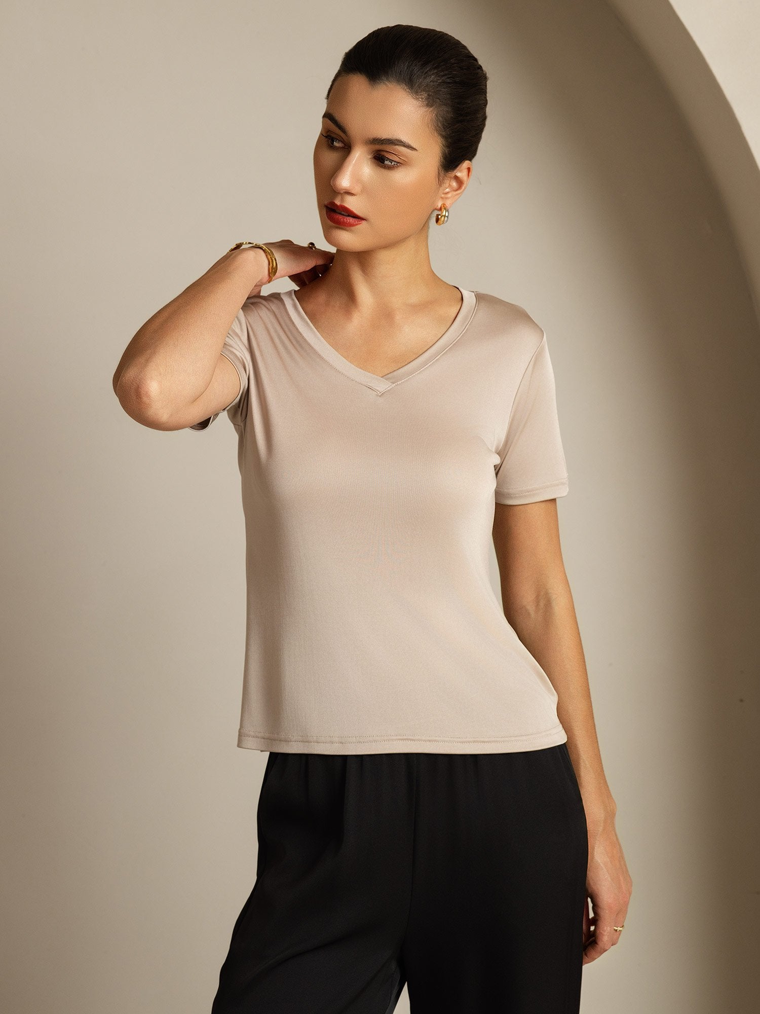 [LightKhaki] SilkSilky-CA Pure Silk V Neck Women's T-Shirt 005