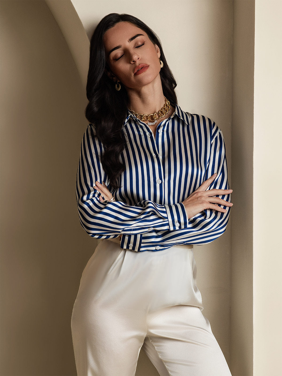 [Navy Stripe] SilkSilky-CA 19Momme Stretch Silk Charmeuse Long Sleeve Lapel Collar Women's Shirt 001