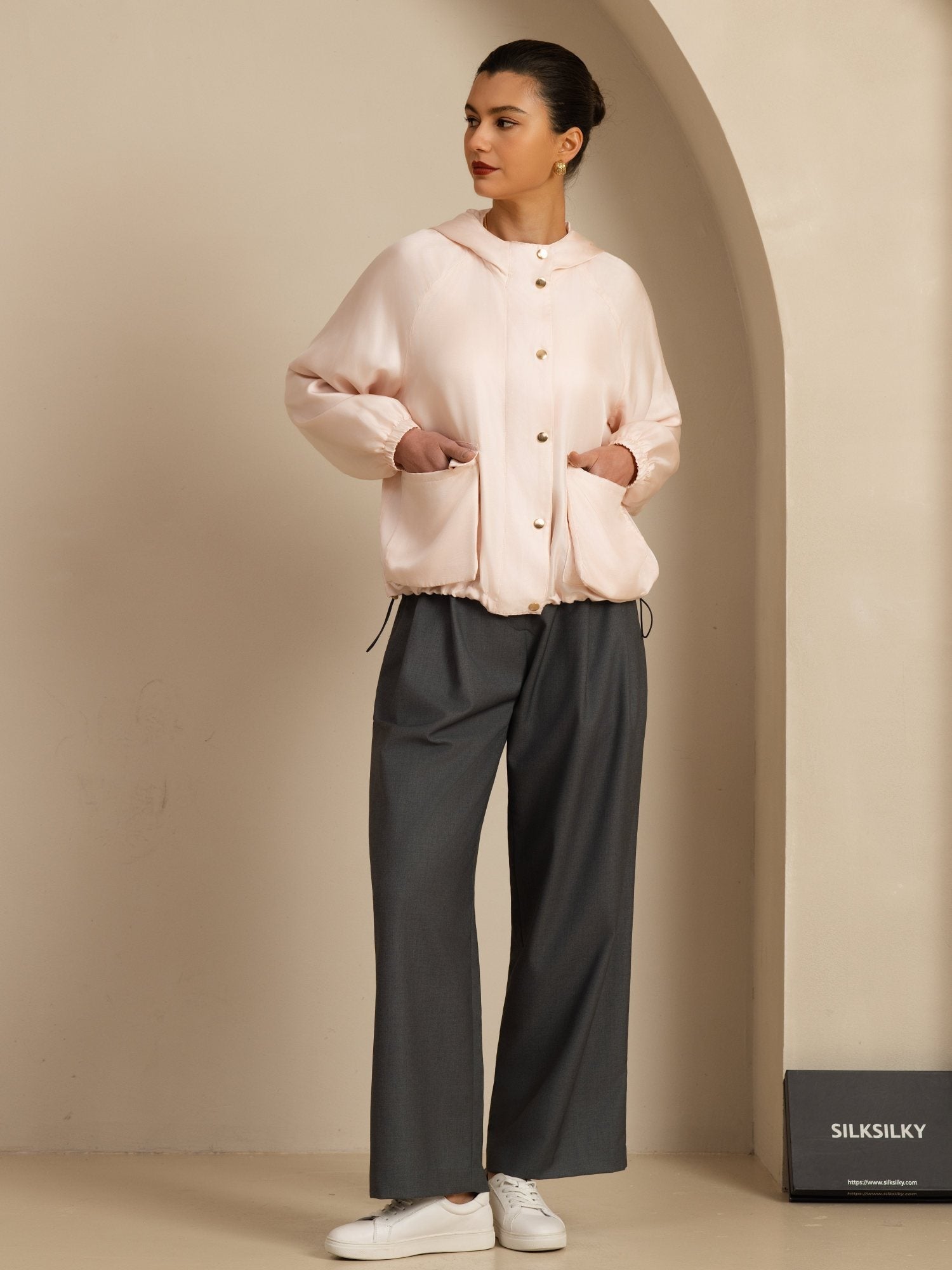 [Pink] SilkSilky-CA Silk Satin Surah Long Sleeve High Neck Women's Outerwear 007