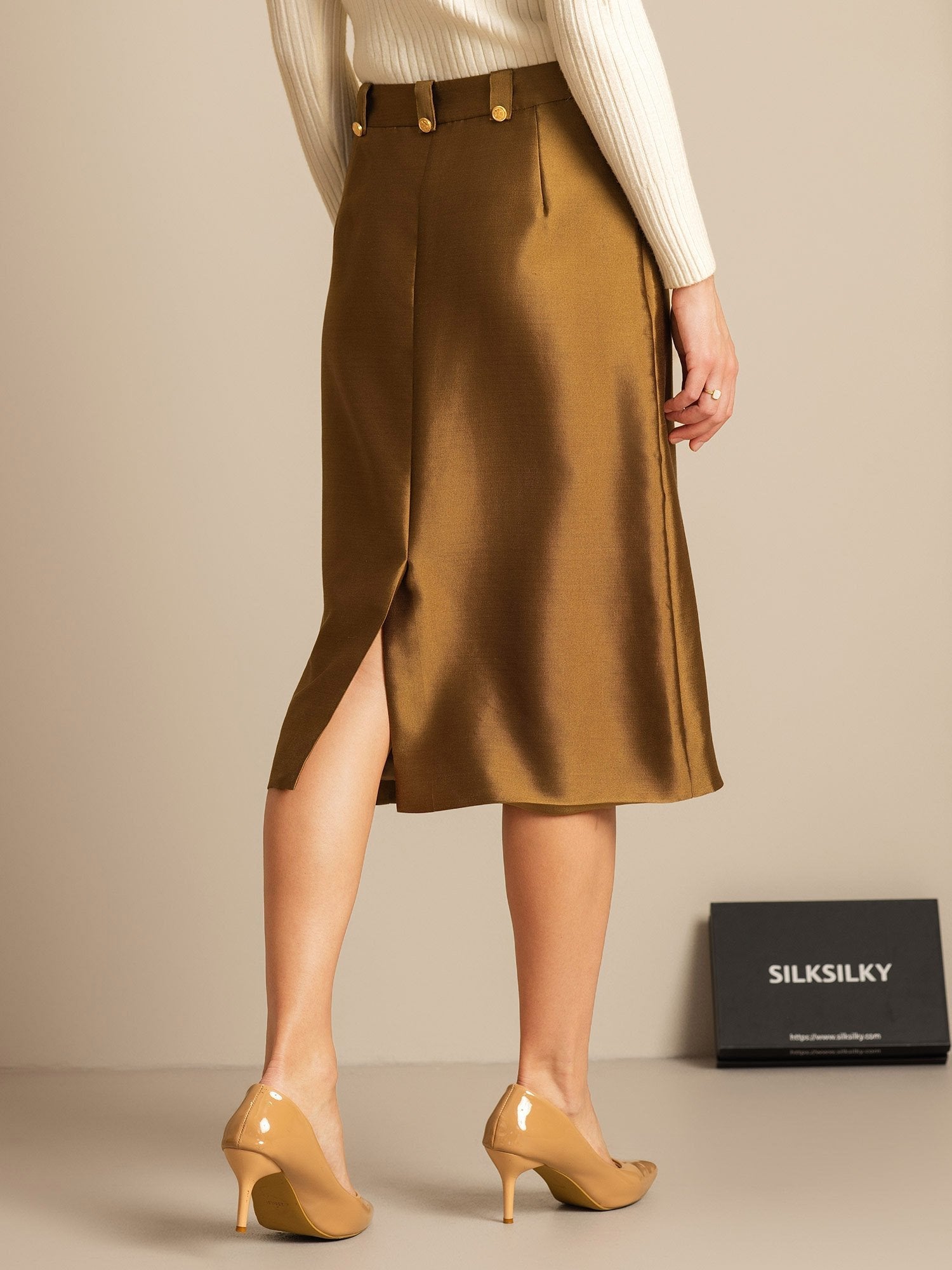 [Bronze] SilkSilky-CA 32Momme Silk-Wool Blend Split Skirt 002,