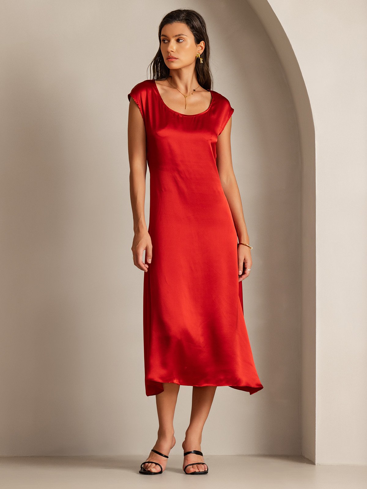 [Wine] SilkSilky-CA 19Momme Silk Cap Sleeve Round Neck Dress 005
