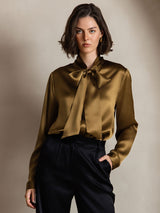 [Brown] SilkSilky-CA 19Momme Stretch Silk Charmeuse Long Sleeve Tie Neck Blouse 006
