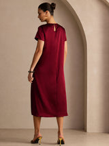 [Dark Red] SilkSilky-CA Short Sleeve Crew Neck Dress 002