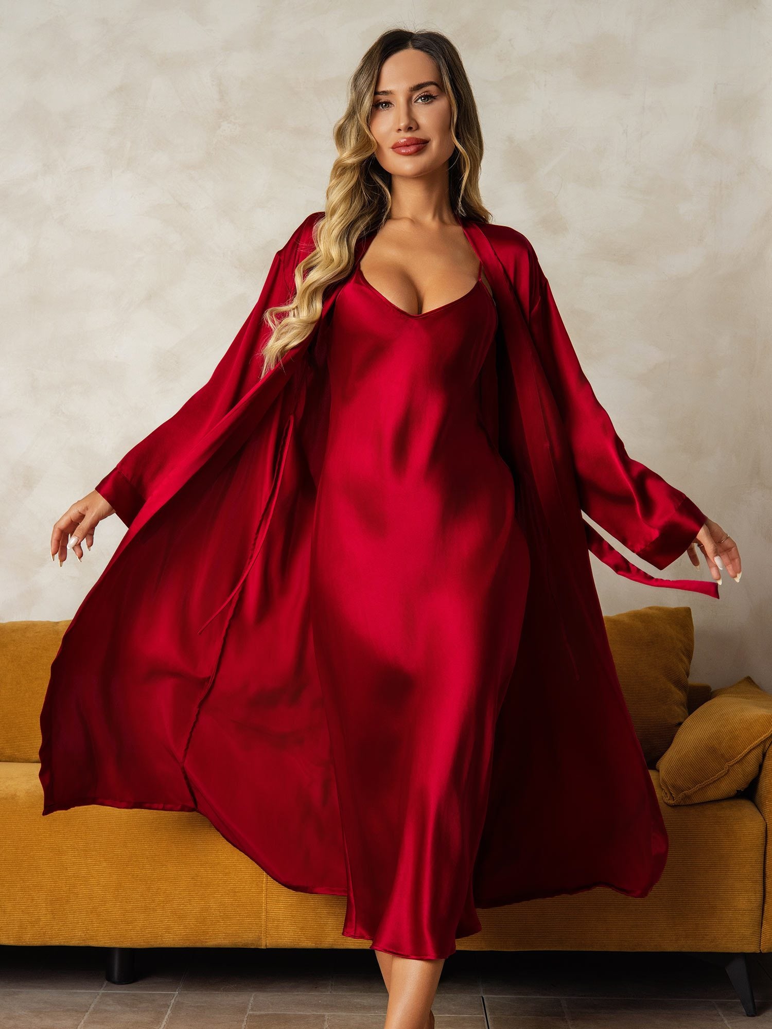 [Wine] SilkSilky-CA Pure Silk V Neck Nightgown&Robe Set 004
