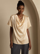 [Champagne] SilkSilky-CA Short Sleeve Cowl Neck Women's Blouse 001