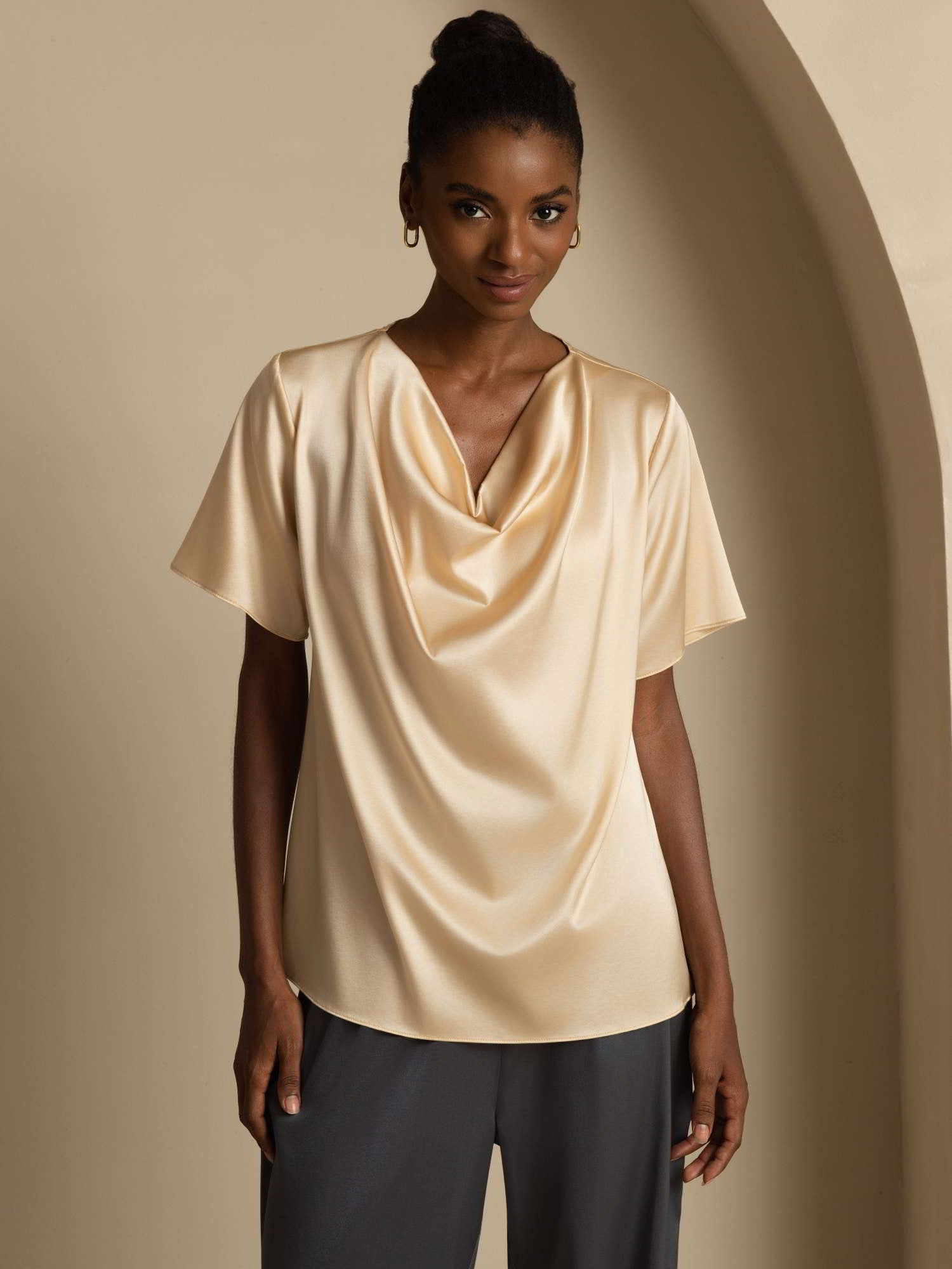 [Champagne] SilkSilky-CA 19Momme Stretch Silk Charmeuse Short Sleeve Cowl Neck Blouse 001