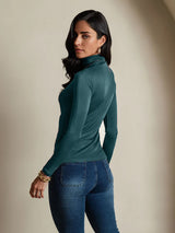 [Dark Green] SilkSilky-CA Silk Jersey Long Sleeve Turtle Neck Women's T-Shirt 002