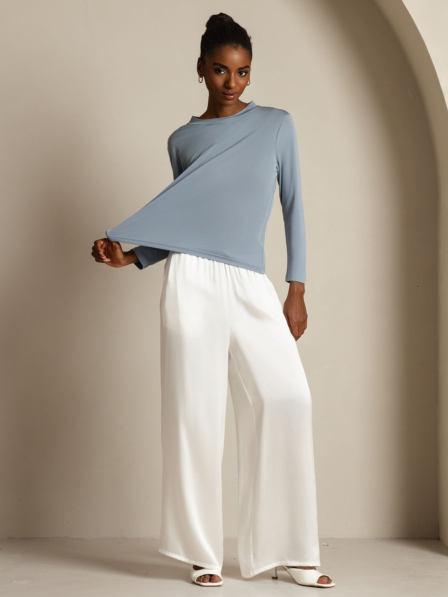 [GrayishBlue] SilkSilky-CA Pure Silk Round Neck Women's T-Shirt 008