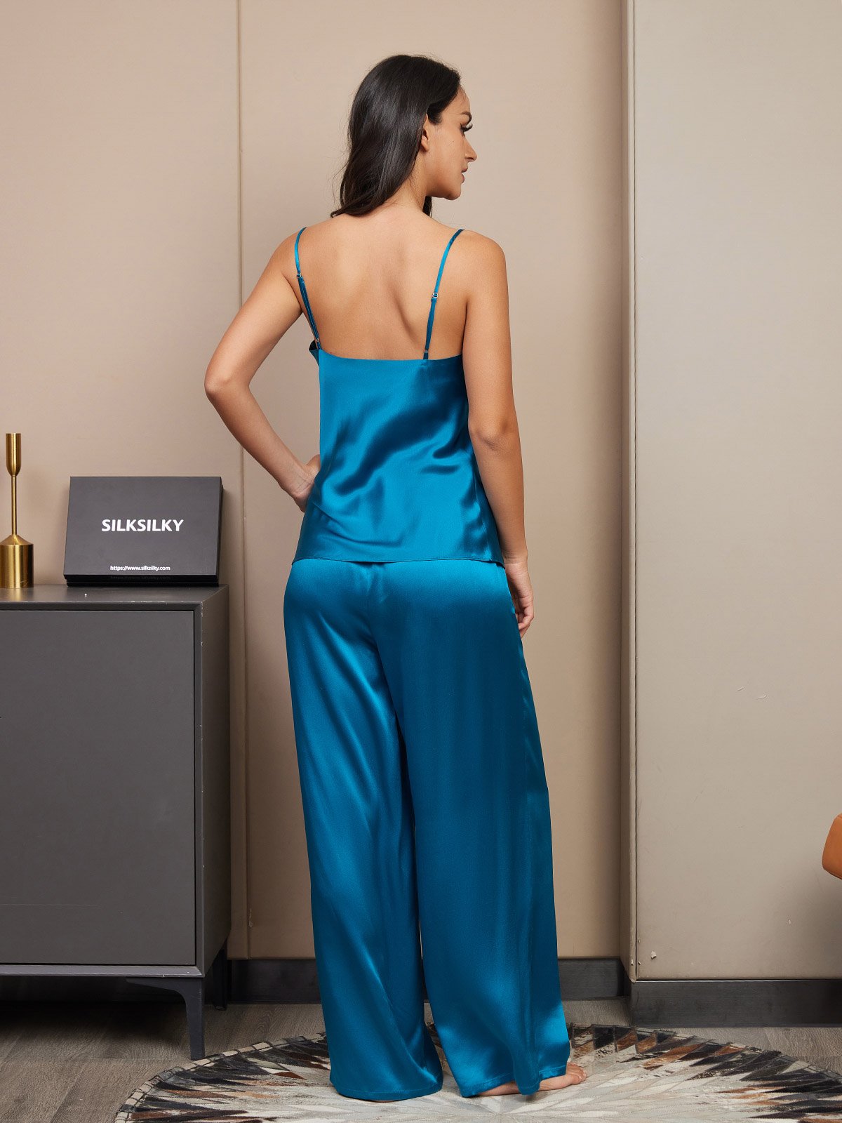 [Teal] SilkSilky-CA Spaghetti Strap V Neck Camisole Set 002