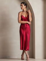 [Wine] SilkSilky-CA Spaghetti Strap V Neck Dress 006
