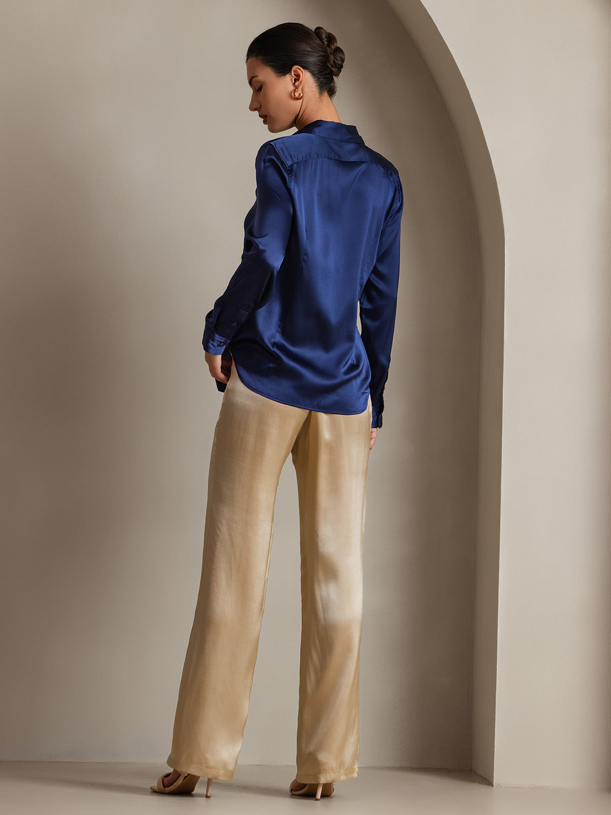 [Dark Blue] SilkSilky-CA 19Momme Stretch Silk Charmeuse Long Sleeve Lapel Collar Women's Shirt 002