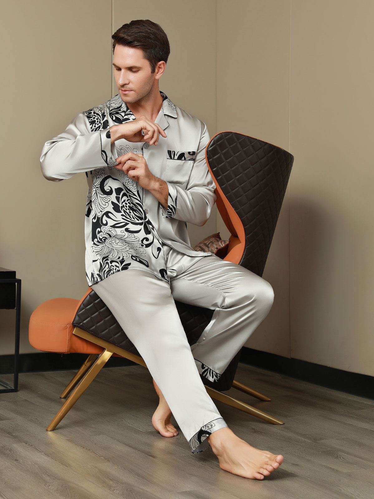 SilkSilky CA Pure Silk Long Sleeve Lapel Men's Pajamas Gray 001