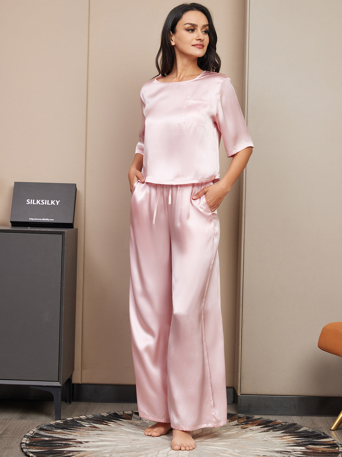 [Pink] SilkSilky-CA Pure Silk Half Sleeve Round Neck Women's Pajamas 005