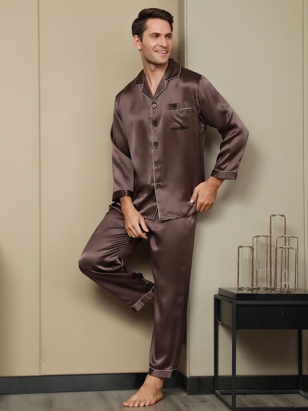 SilkSilky-CA Pure Silk Long Sleeve Lapel Men's Pajamas Coffee 004