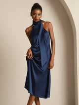 [Dark Blue] SilkSilky-CA Sleeveless Halter Dress 006