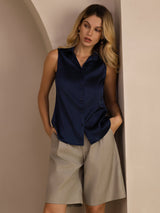 [Dark Blue] SilkSilky-CA Sleeveless Lapel Collar Women's Shirt 006