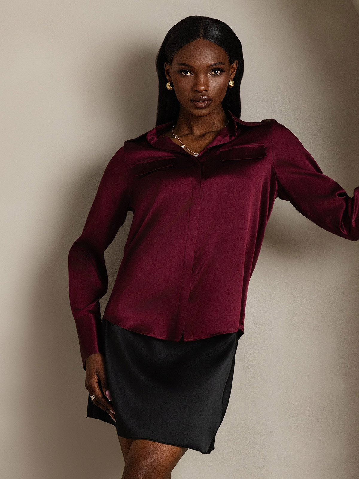 SilkSilky-CA 19Momme Silk Long Sleeve Collar Women's Shirt DarkRed 003