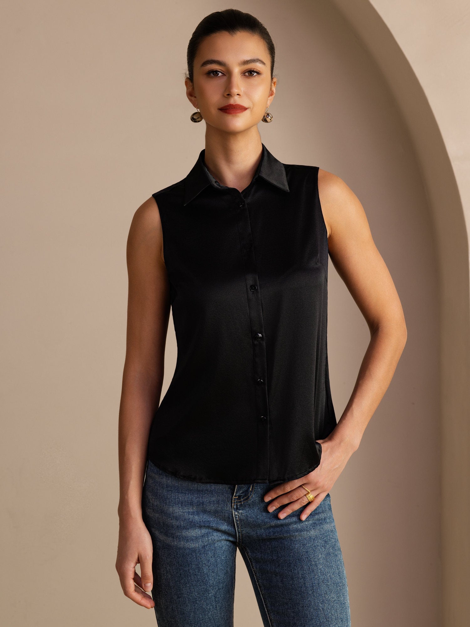 [Black] SilkSilky-CA Sleeveless Lapel Collar Women's Shirt 001