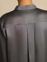 [Dark Gray] SilkSilky-CA 19Momme Stretch Silk Charmeuse Long Sleeve Stand Collar Blouse 007