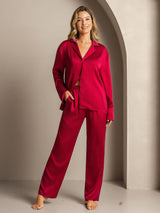 [Wine] SilkSilky-CA 19Momme Machine-Washable Silk Long Sleeve Notch Collar Women's Pajamas 003