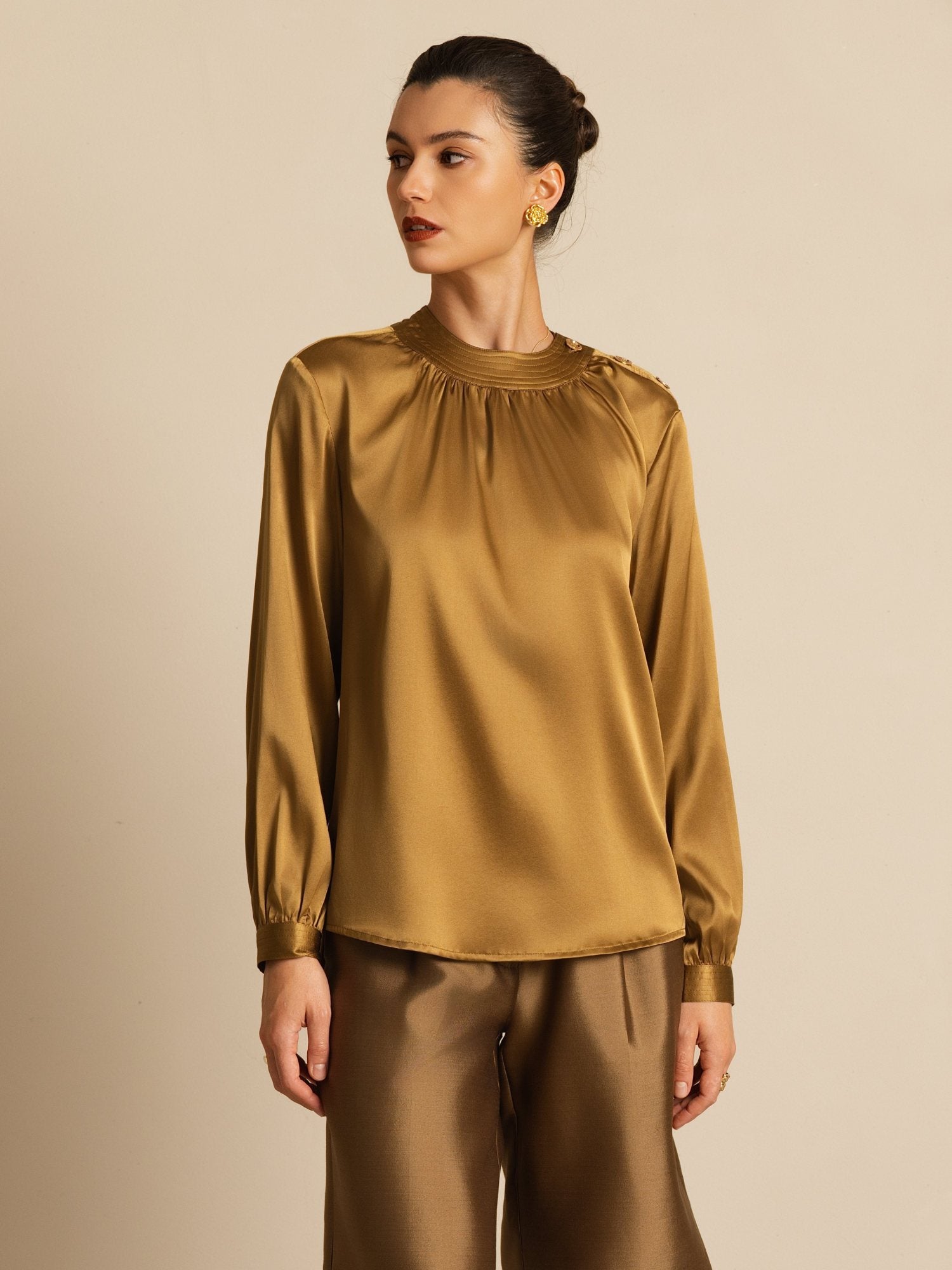 [Bronze] SilkSilky-CA 19Momme Stretch Silk Charmeuse Long Sleeve Round Neck Blouse 004