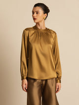 [Bronze] SilkSilky-CA 19Momme Stretch Silk Charmeuse Long Sleeve Round Neck Blouse 004