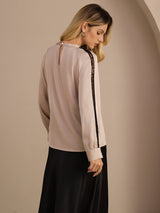 [Tan] SilkSilky-CA Long Sleeve Keyhole Neck Women's Blouse 002