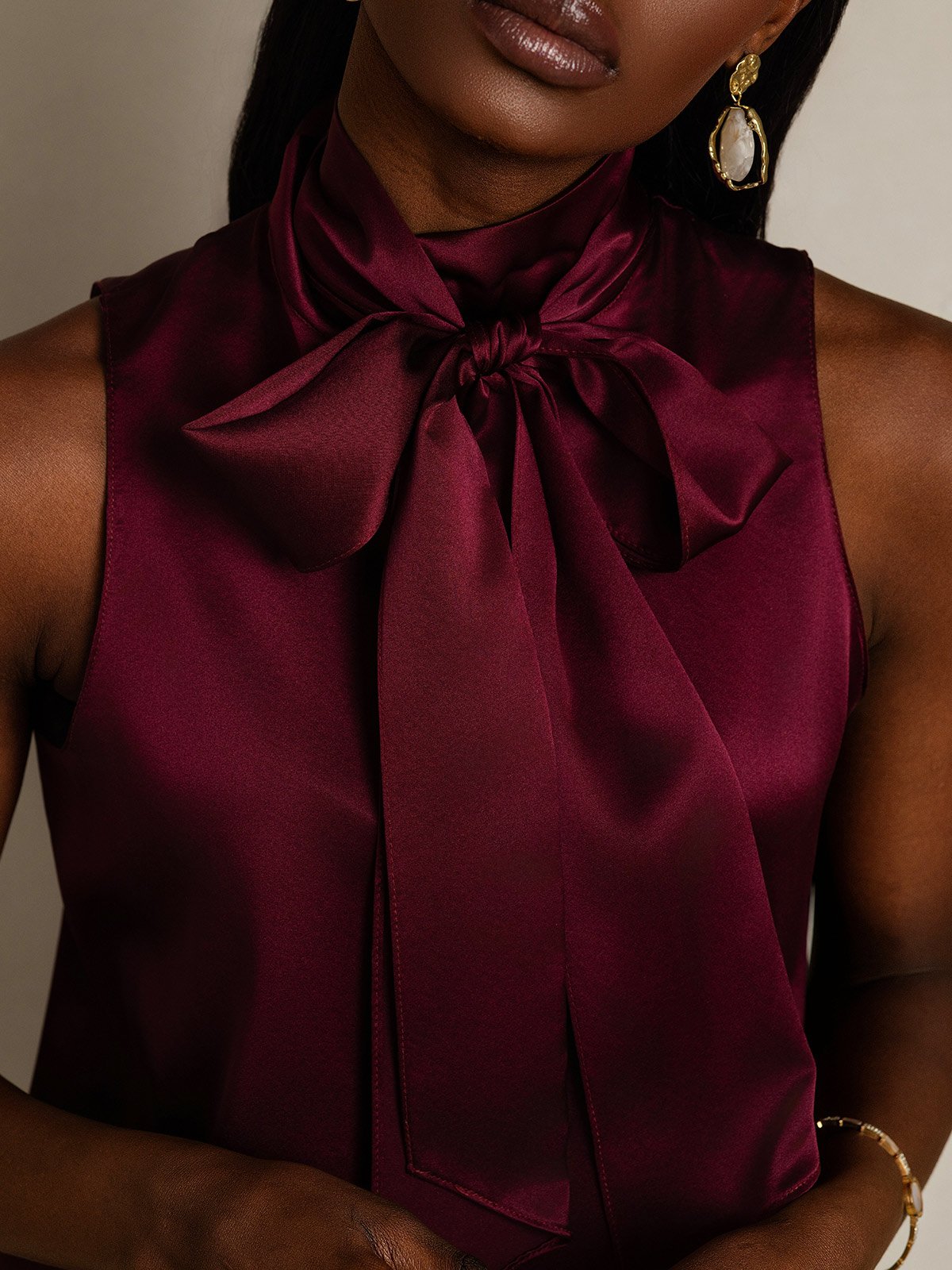 SilkSilky-CA 19Momme Silk Tie Neck Women's Shirt DarkRed 007