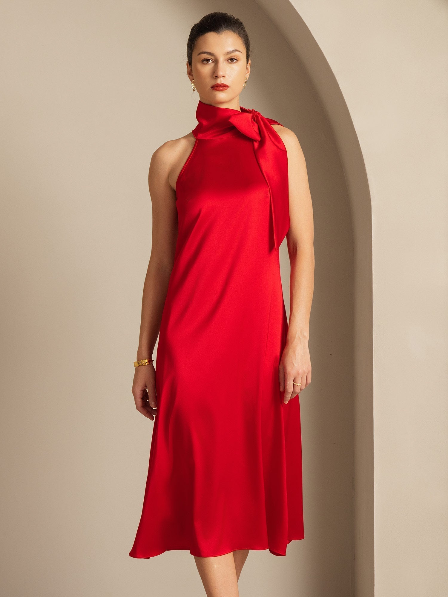[Red] SilkSilky-CA 19Momme Silk Tie Neck Dress 006,