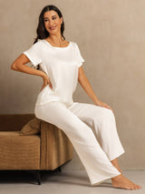 [White] SilkSilky-CA 19Momme Machine-Washable Silk Short Sleeve Women's Pajamas 007