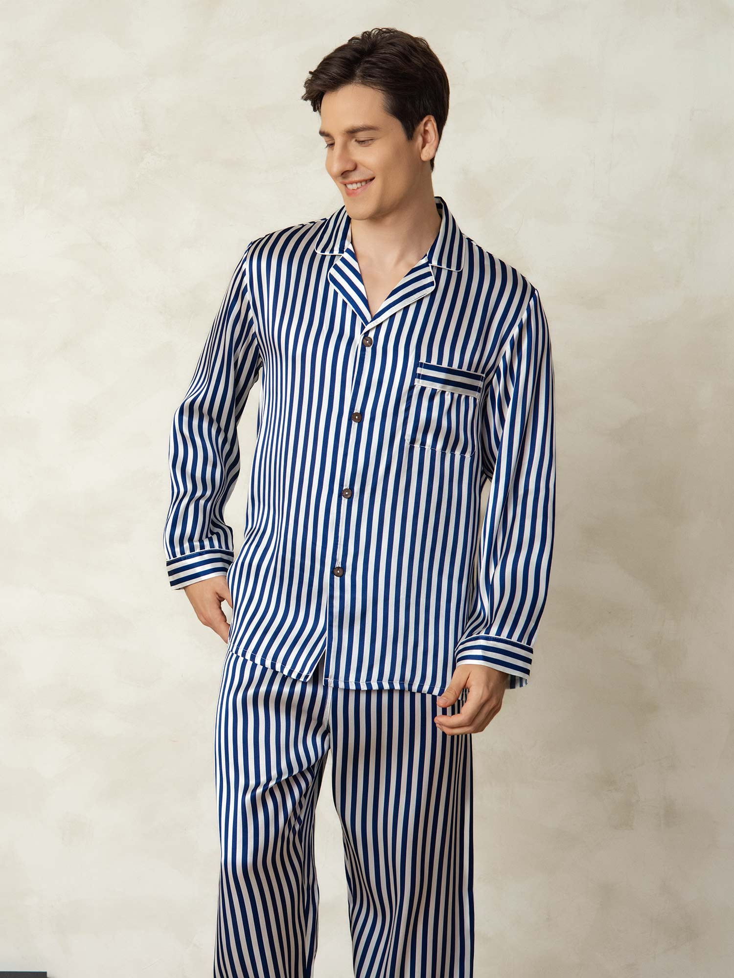 [Navy Stripe] SilkSilky-CA 19Momme Pure Silk Mens Pajamas 005