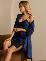 [Dark Blue] SilkSilky-CA Half Sleeve V Neck Nightgown&Robe Set 007