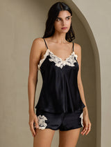 [Black] SilkSilky-CA Spaghetti Strap V Neck Camisole Set 001