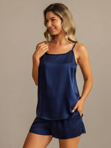 [Dark Blue] SilkSilky-CA 19Momme Machine-Washable Silk Spaghetti Strap Round Neck Camisole Set 007