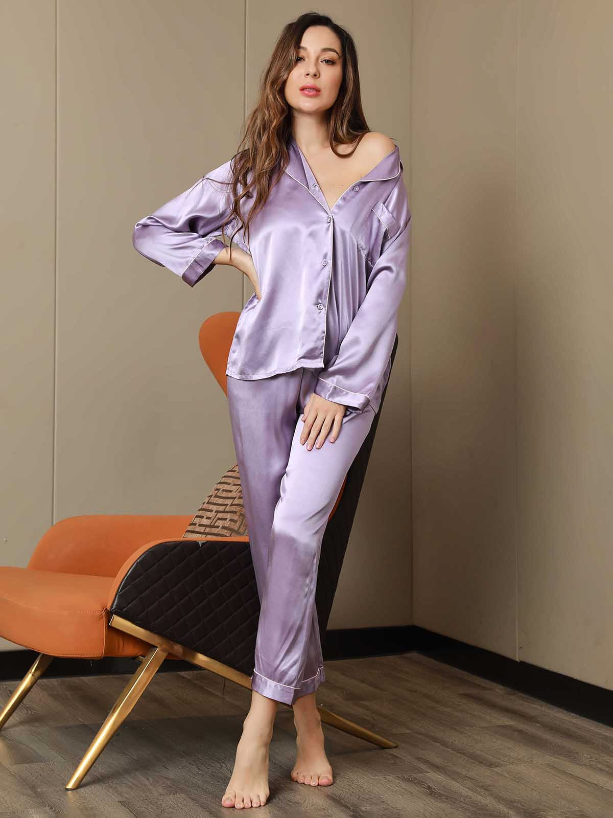 SilkSilky CA Pure Silk Long Sleeve Lapel Women's Pajamas Lavender 004