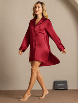 [Wine] SilkSilky-CA Long Sleeve Lapel Collar Nightshirt 008