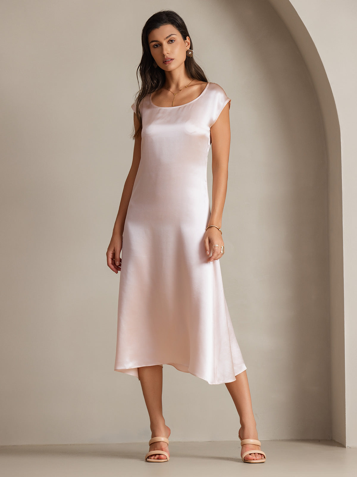 [Pink] SilkSilky-CA 19Momme Silk Round Neck Dress 006