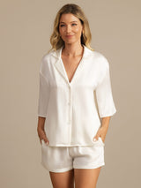 [White] SilkSilky-CA 19Momme Machine-Washable Silk Half Sleeve Notch Collar Women's Pajamas 003