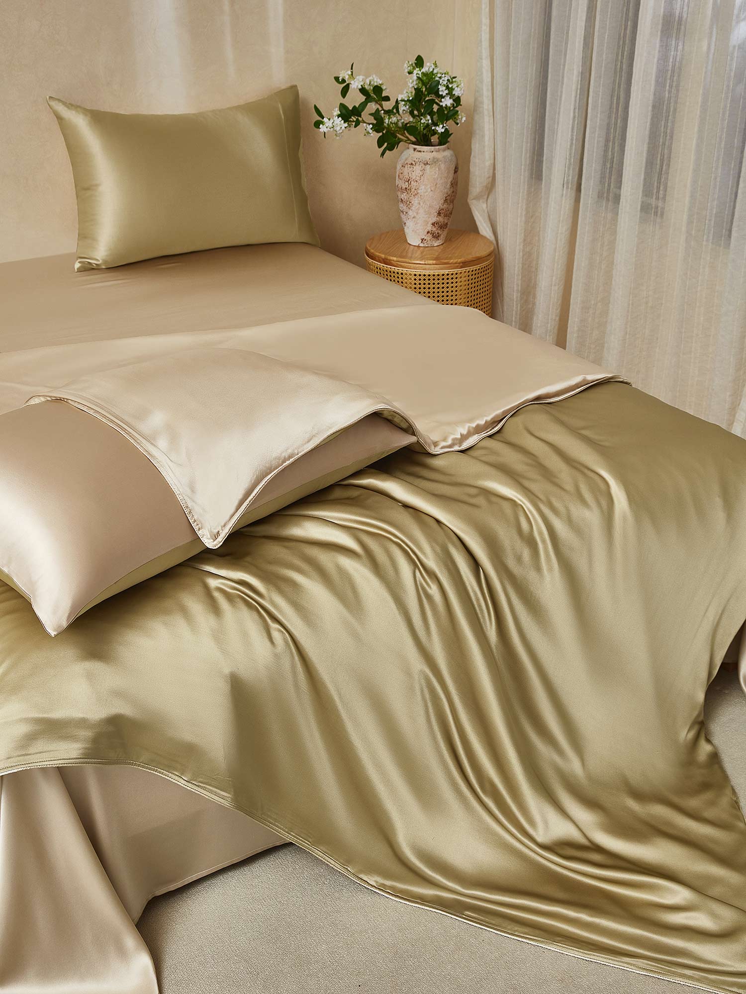 [Beige+Khaki] SilkSilky-CA 19Momme Pure Silk Bedding Set 001,