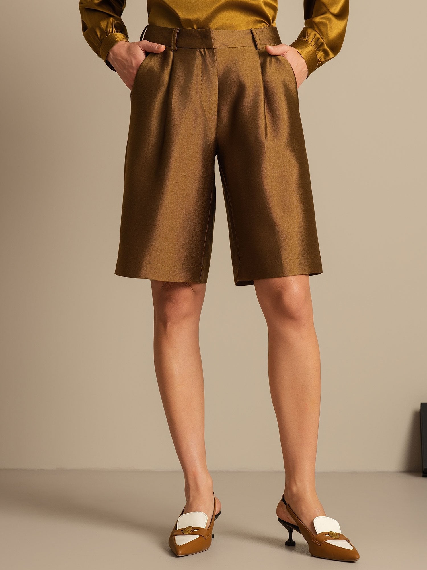 [Bronze] SilkSilky-CA 32Momme Silk-Wool Blend Womens Shorts 001,