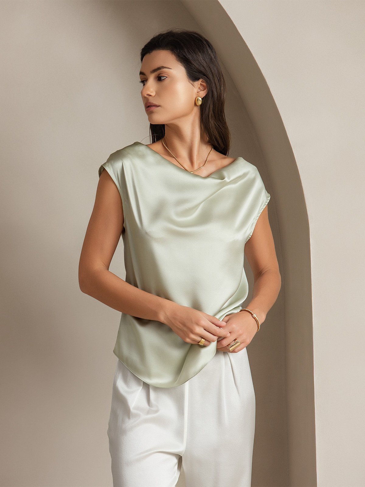 [Light Green] SilkSilky-CA 19Momme Silk Cap Sleeve Cowl Neck Women's T-Shirt 001