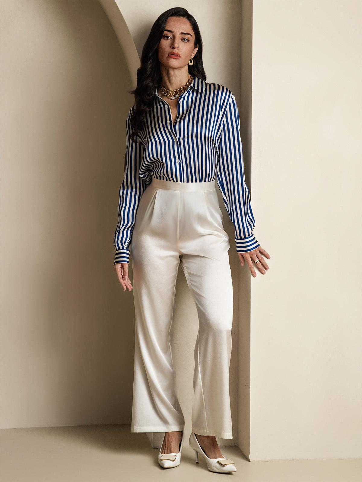 [Navy Stripe] SilkSilky-CA Silk Long Sleeve Lapel Collar Women's Shirt 010