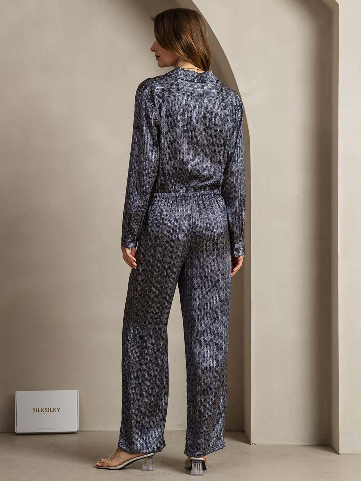 [NavyGinkgo] SilkSilky-CA 19Momme Silk Lapel Collar Women''s Outfit Sets 002