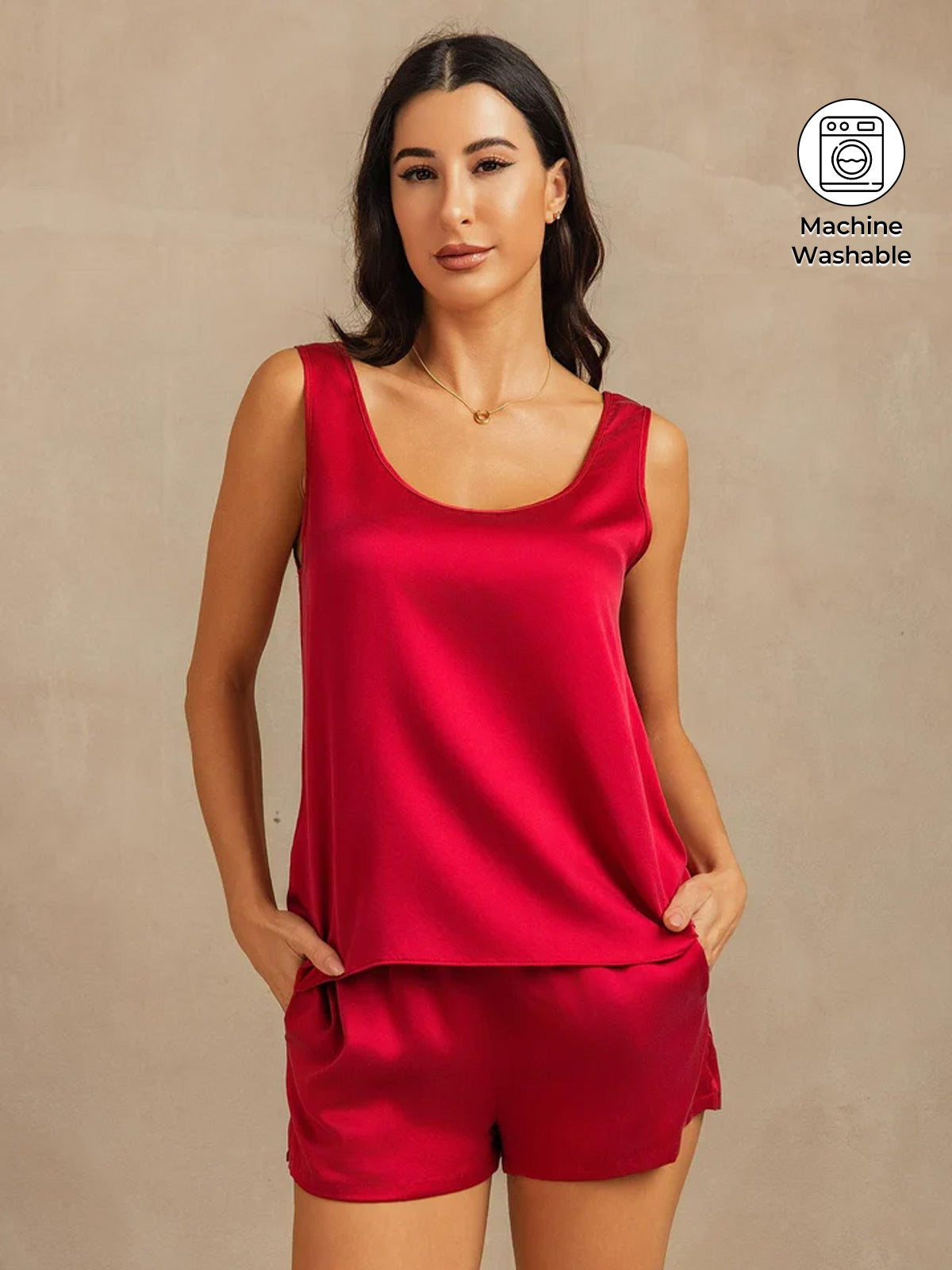 [Wine] SilkSilky-CA 19Momme Machine-Washable Silk U Neck Women's Pajamas 001