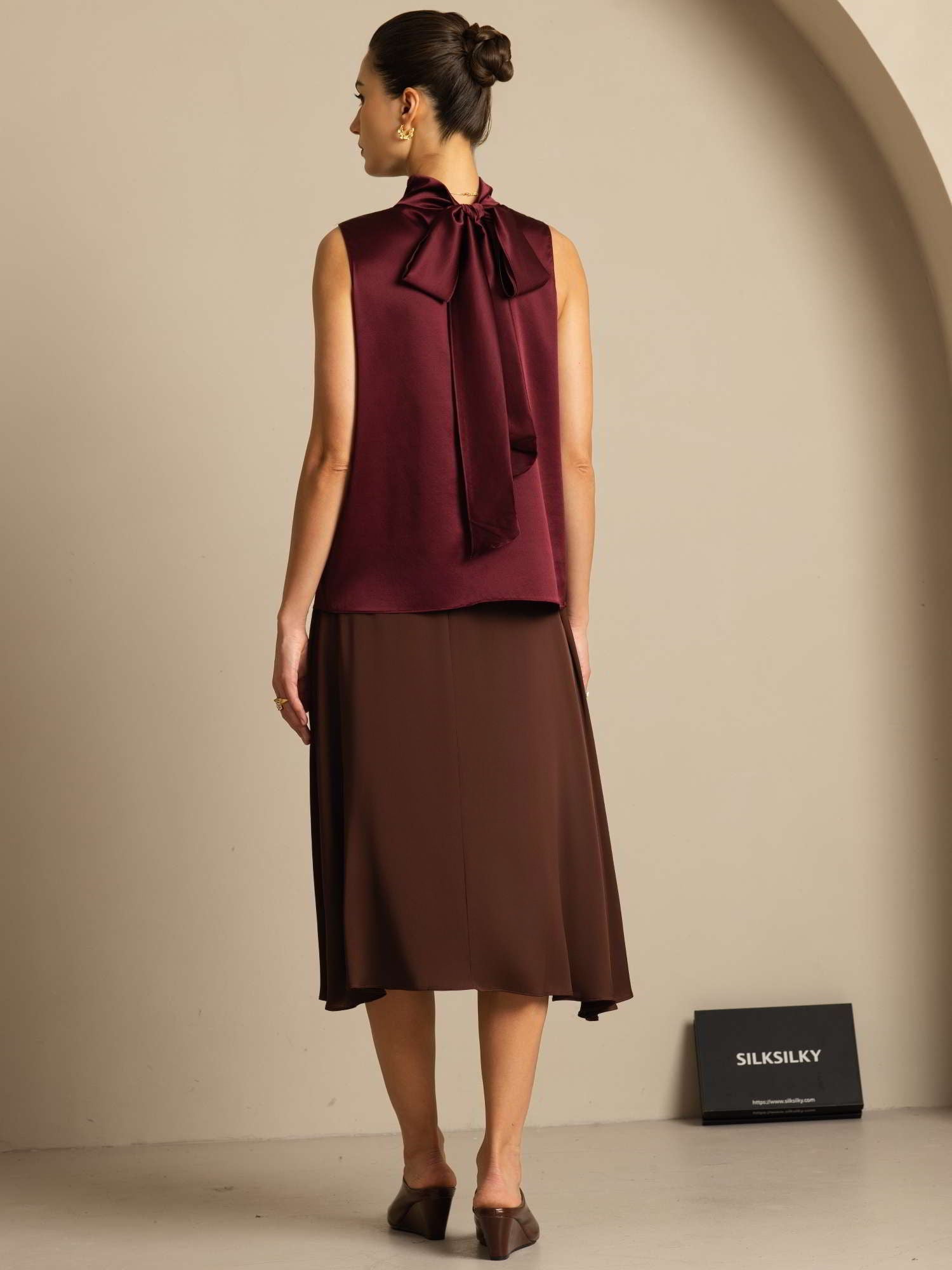 [Dark Red] SilkSilky-CA 19Momme Stretch Silk Charmeuse Sleeveless High Neck Blouse 011