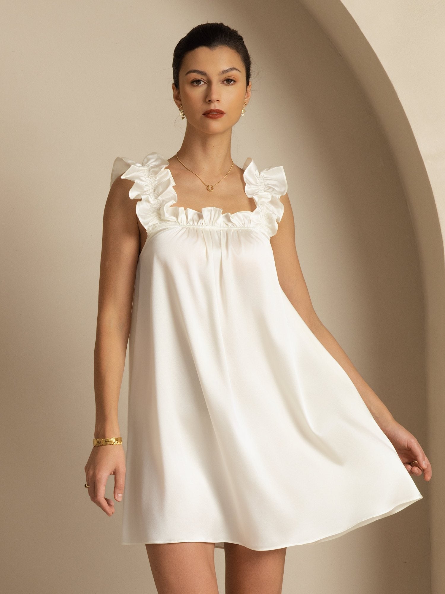[White] SilkSilky-CA 19Momme Silk Sleeveless Square Neck Dress 001