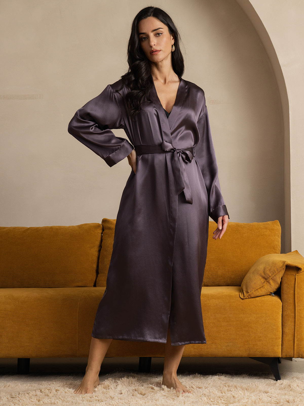 [Purple Gray] SilkSilky-CA Pure Silk Wrap Women's Robe 003