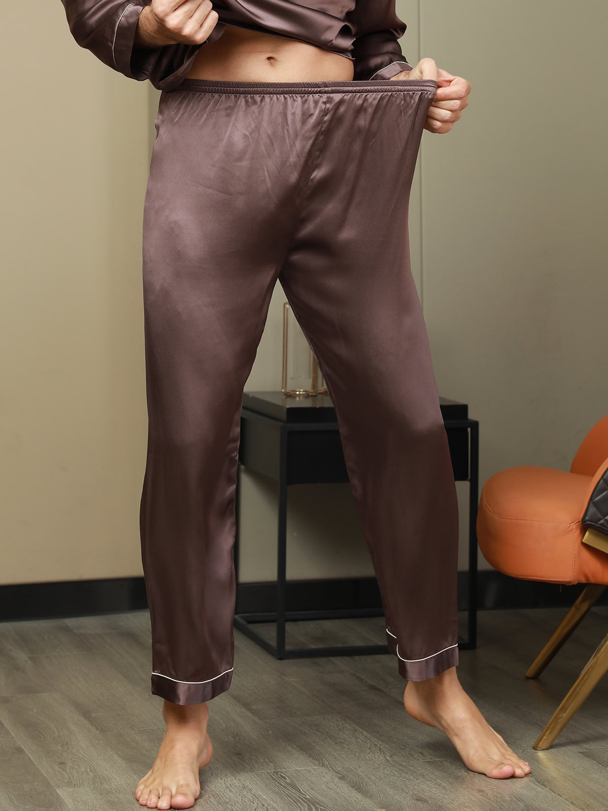 [Coffee] SilkSilky-CA Pure Silk Mens Sleep Bottoms 001